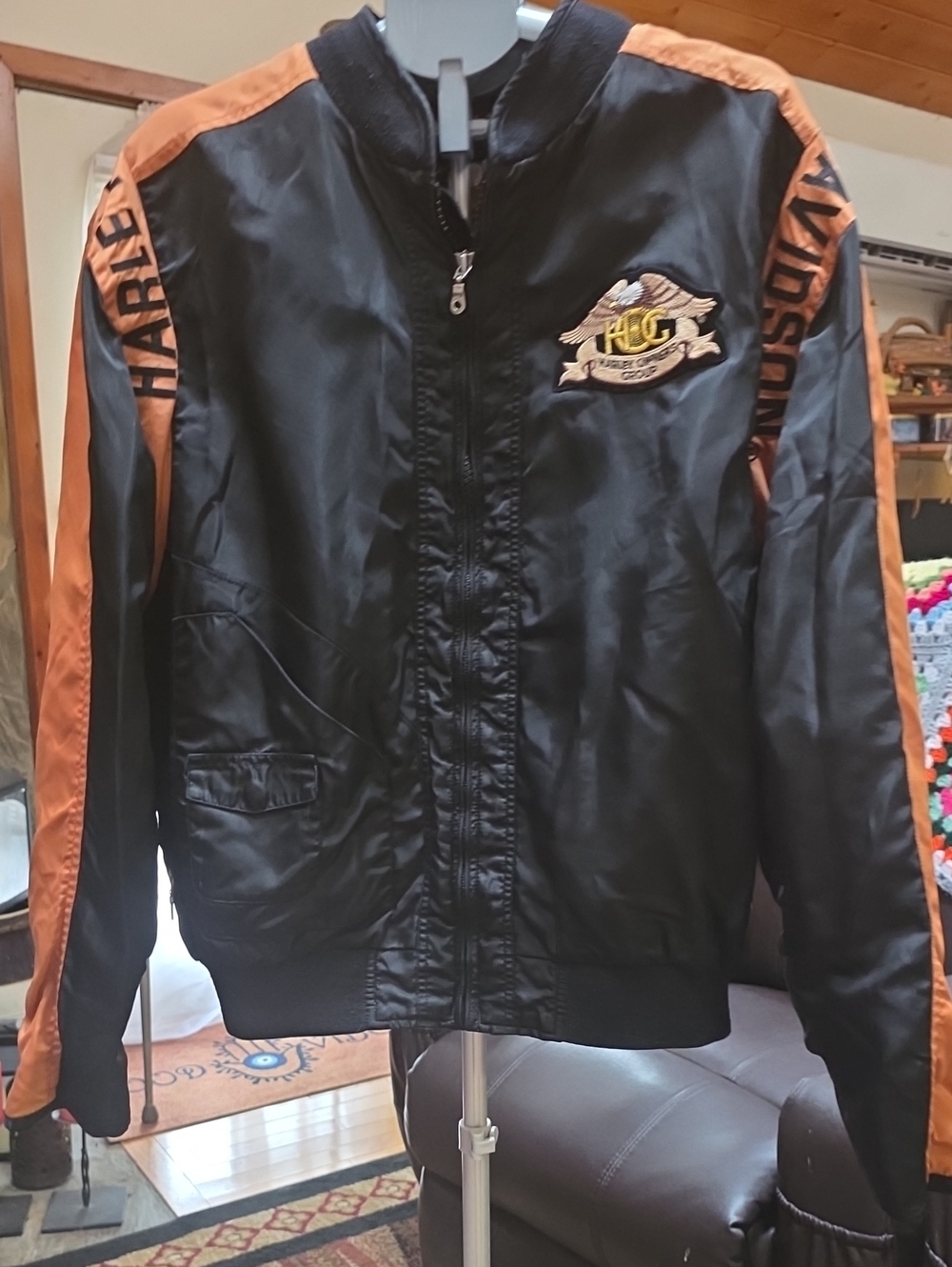 Harley-Davidson Black and Orange Rider Embroidered Bomber Jacket-XL